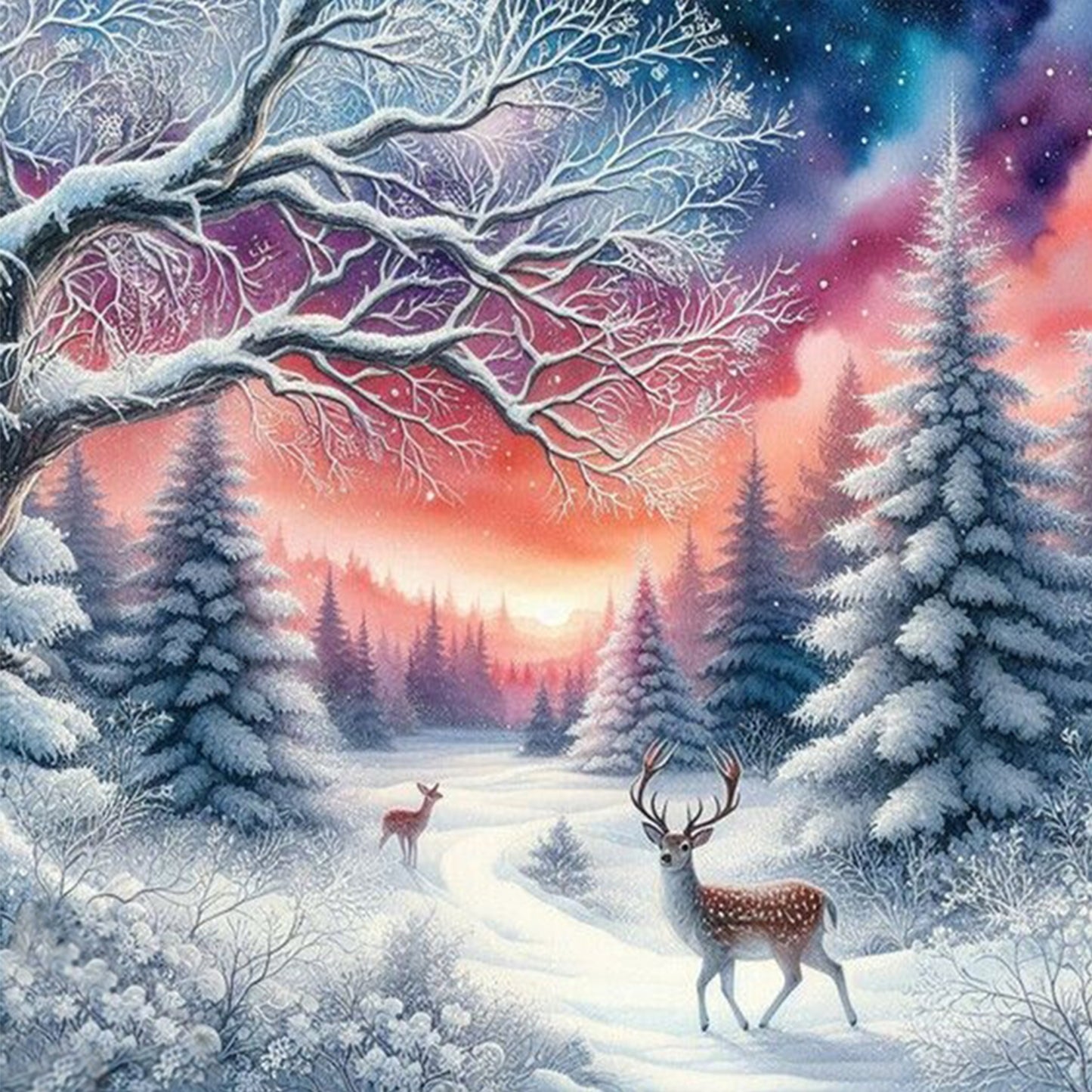 Forest And Deer - Full 11CT Stamped Cross Stitch 45x45CM - Huacan