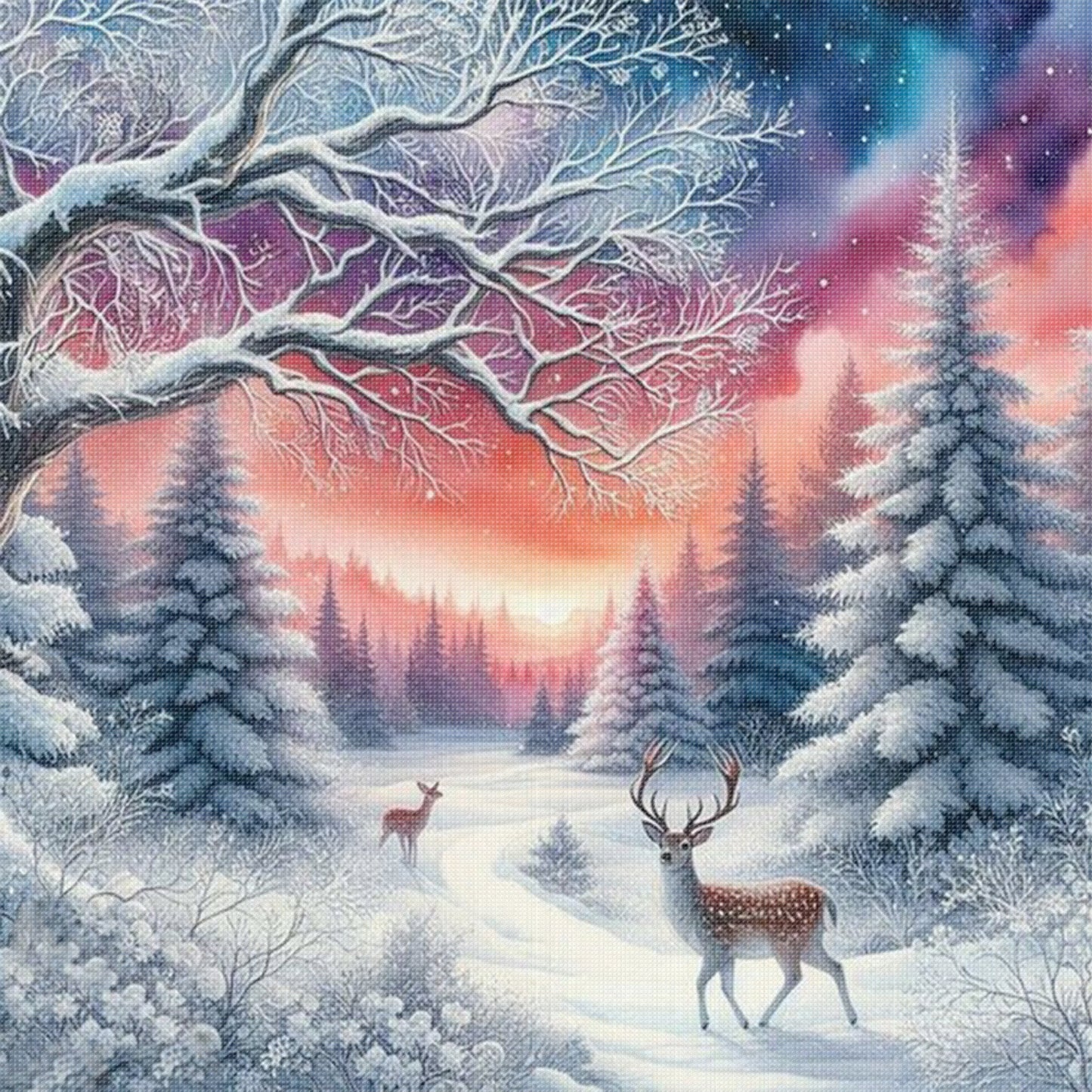 Forest And Deer - Full 11CT Stamped Cross Stitch 45x45CM - Huacan