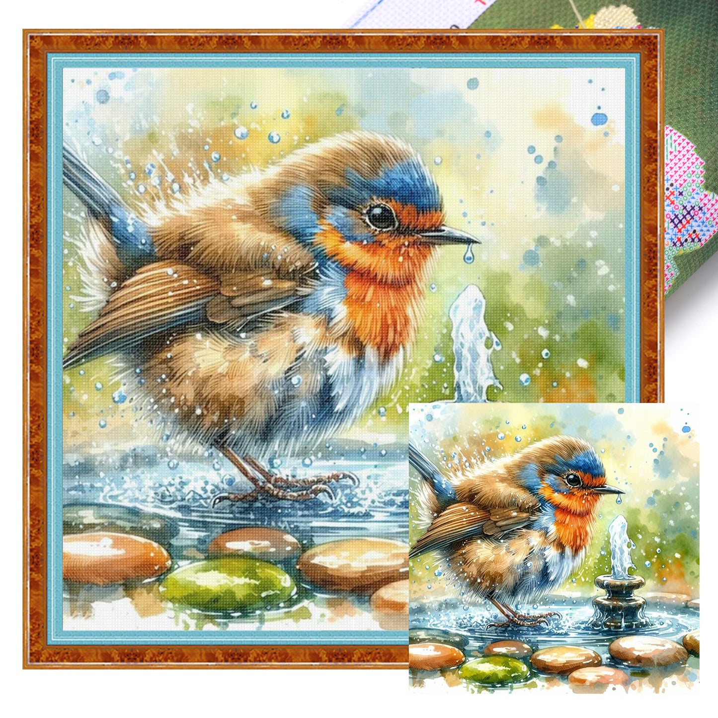 Birds And Fountain - Full 11CT Stamped Cross Stitch 40x40CM - Yishu