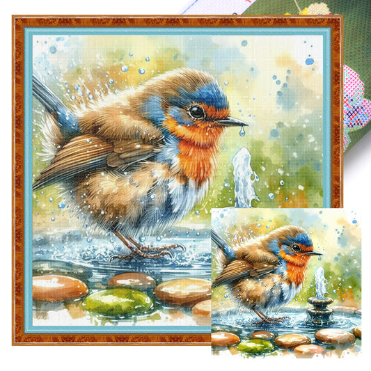 Birds And Fountain - Full 11CT Stamped Cross Stitch 40x40CM - Yishu