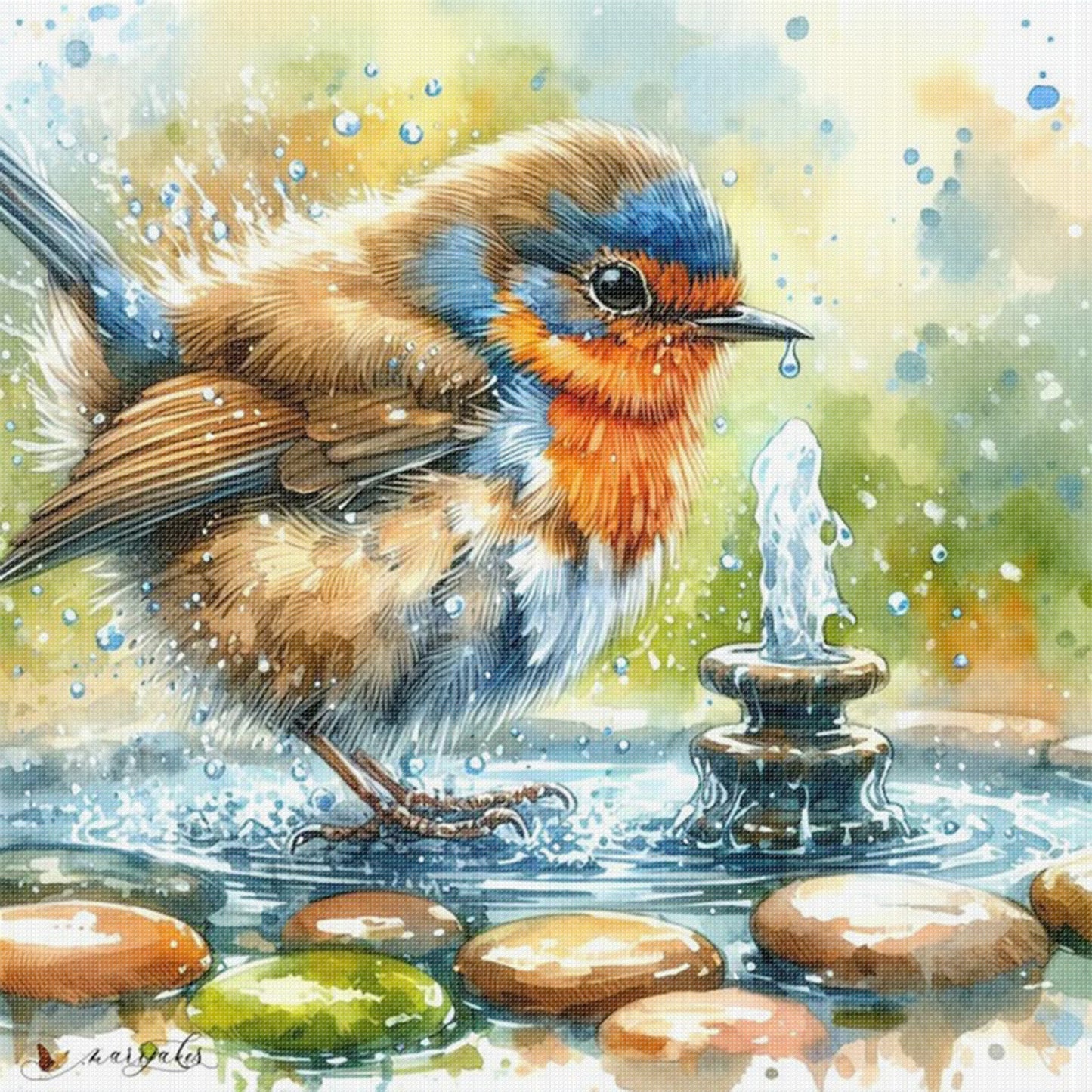 Birds And Fountain - Full 11CT Stamped Cross Stitch 40x40CM - Yishu