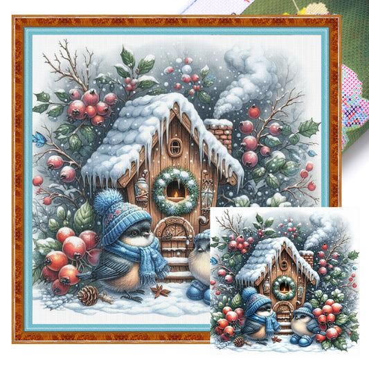 Birds And Wooden Houses - Full 11CT Stamped Cross Stitch 40x40CM - Yishu