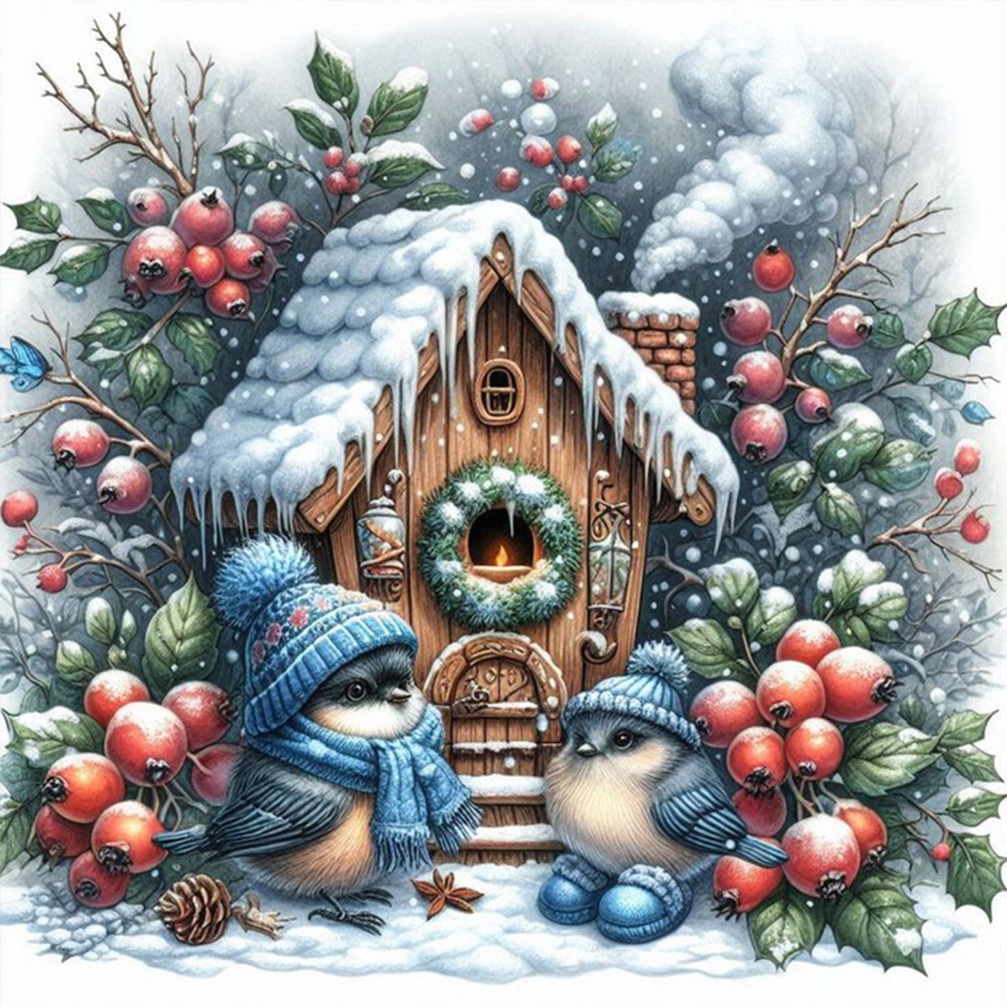 Birds And Wooden Houses - Full 11CT Stamped Cross Stitch 40x40CM - Yishu