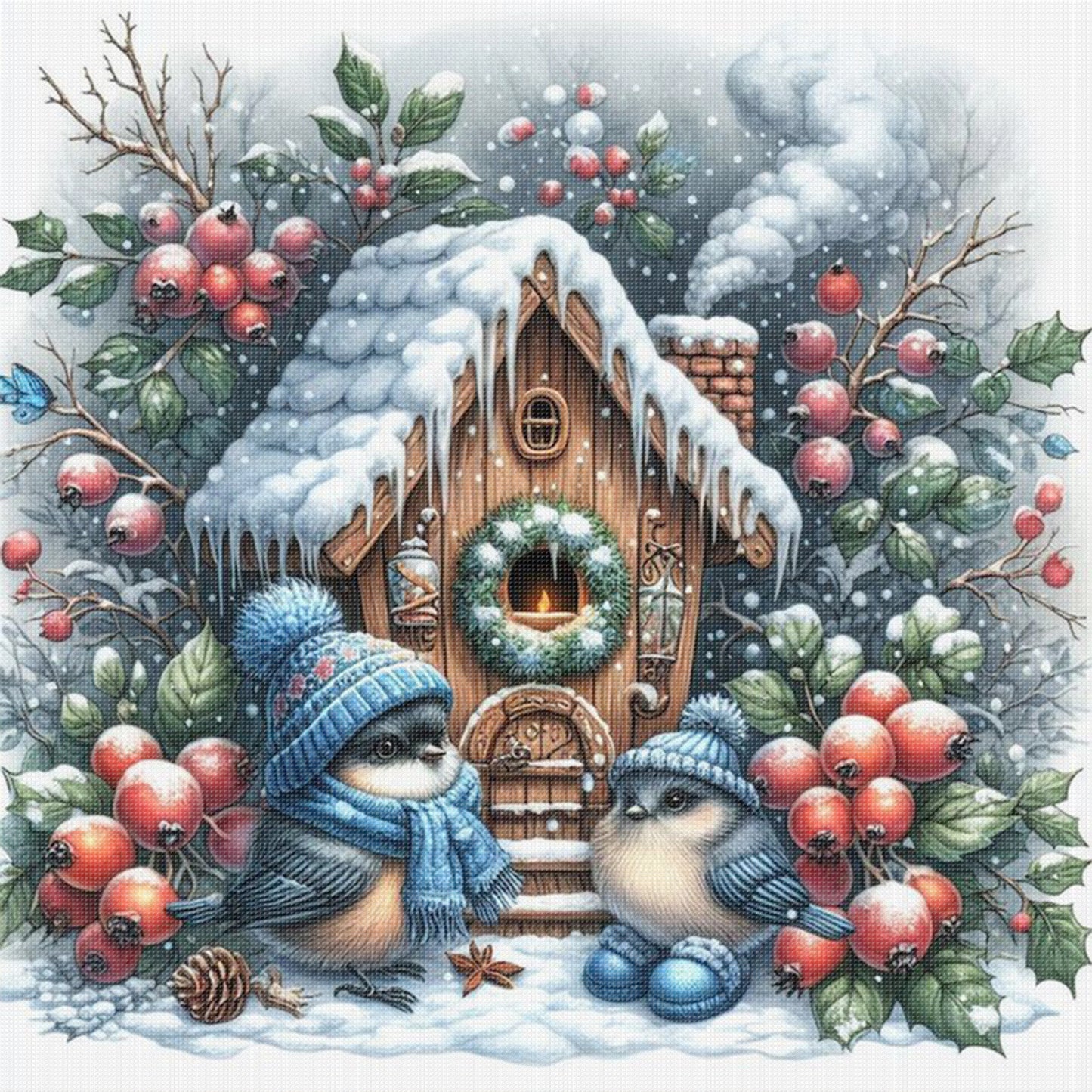 Birds And Wooden Houses - Full 11CT Stamped Cross Stitch 40x40CM - Yishu