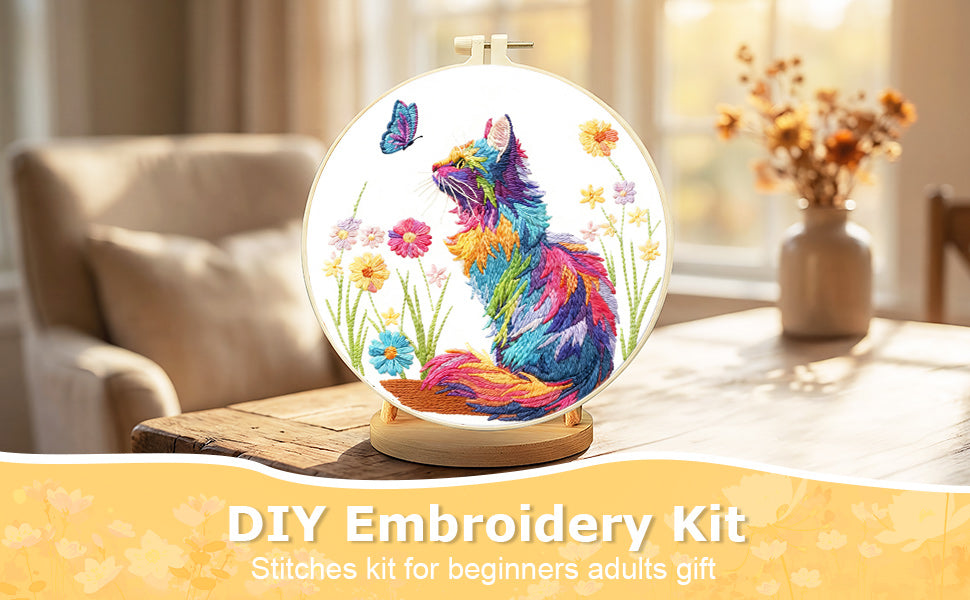 Cat - DIY Embroidery Cross Stitch Kit with Pattern Cotton Threads Needles Hoop 29x29CM/11.42x11.42in