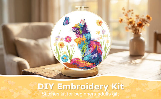 Cat - DIY Embroidery Cross Stitch Kit with Pattern Cotton Threads Needles Hoop 29x29CM/11.42x11.42in