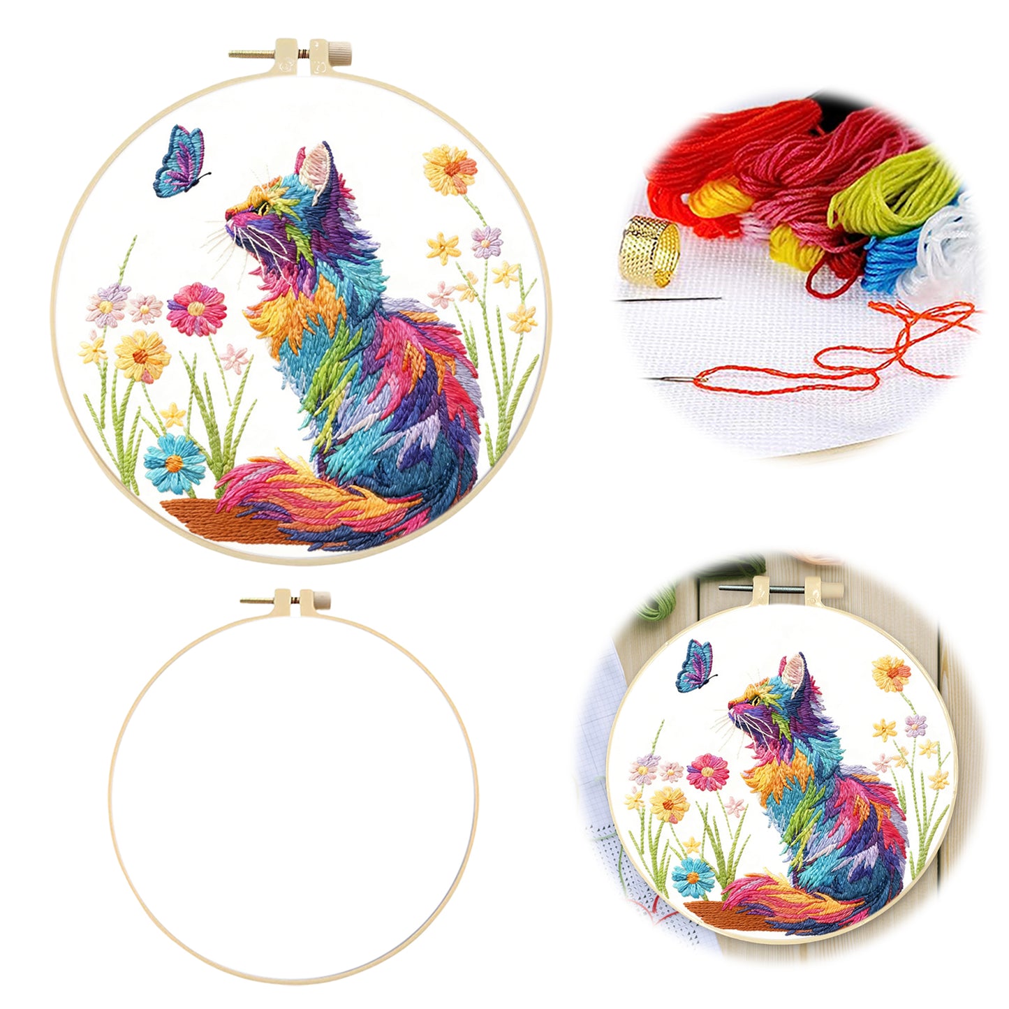 Cat - DIY Embroidery Cross Stitch Kit with Pattern Cotton Threads Needles Hoop 29x29CM/11.42x11.42in