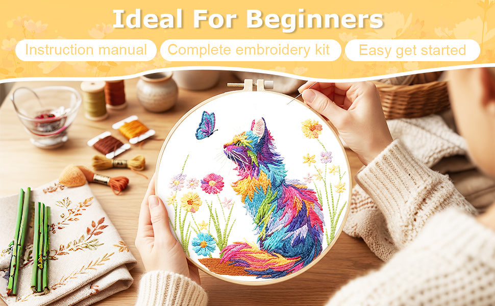 Cat - DIY Embroidery Cross Stitch Kit with Pattern Cotton Threads Needles Hoop 29x29CM/11.42x11.42in
