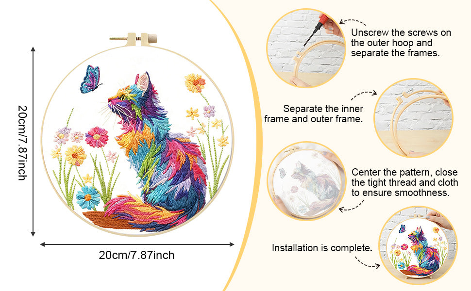 Cat - DIY Embroidery Cross Stitch Kit with Pattern Cotton Threads Needles Hoop 29x29CM/11.42x11.42in