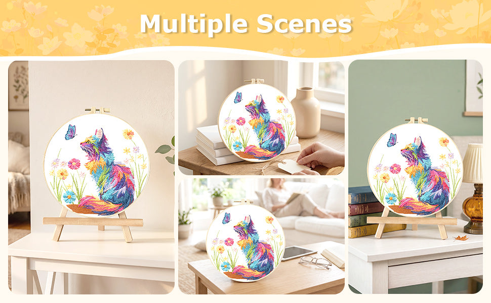 Cat - DIY Embroidery Cross Stitch Kit with Pattern Cotton Threads Needles Hoop 29x29CM/11.42x11.42in