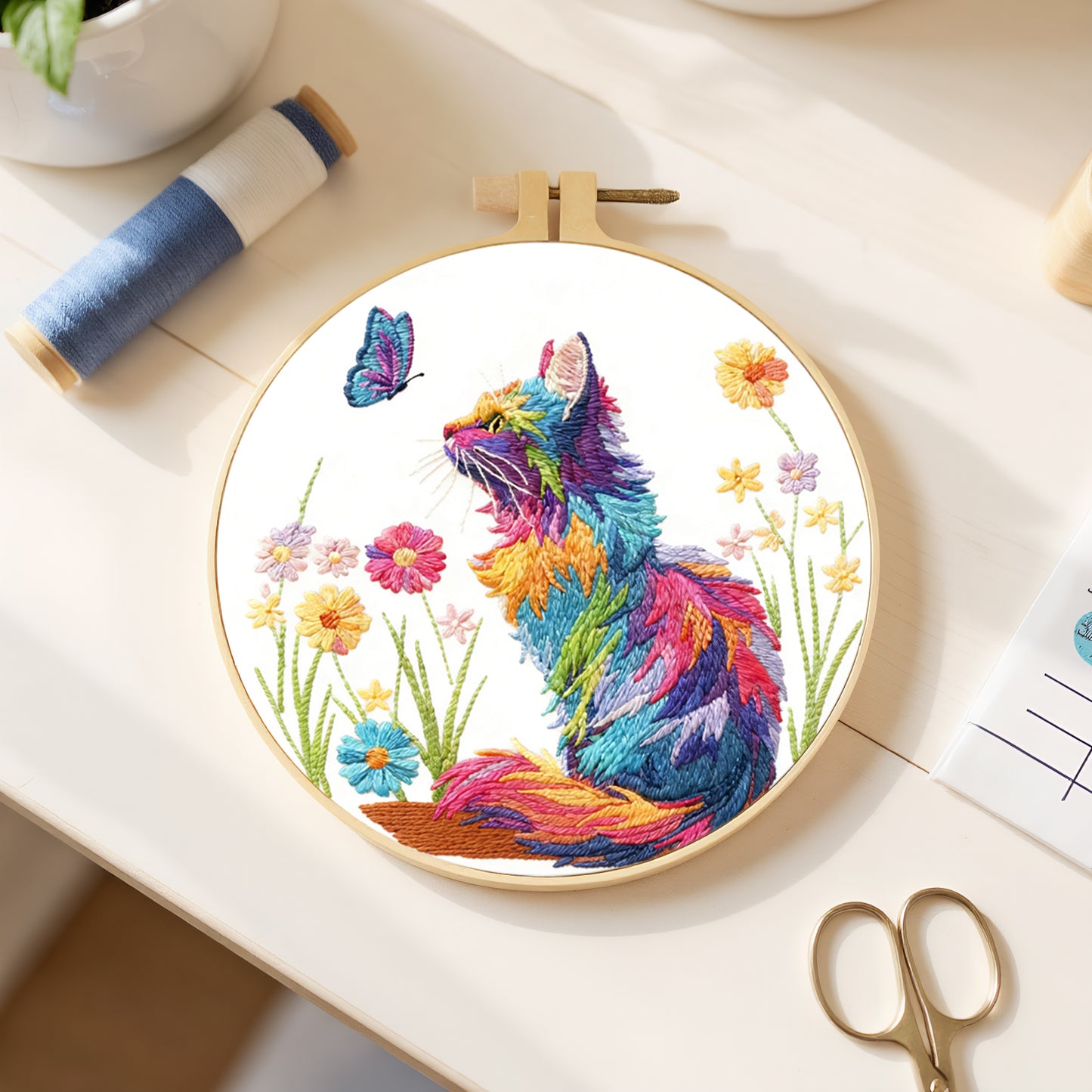 Cat - DIY Embroidery Cross Stitch Kit with Pattern Cotton Threads Needles Hoop 29x29CM/11.42x11.42in