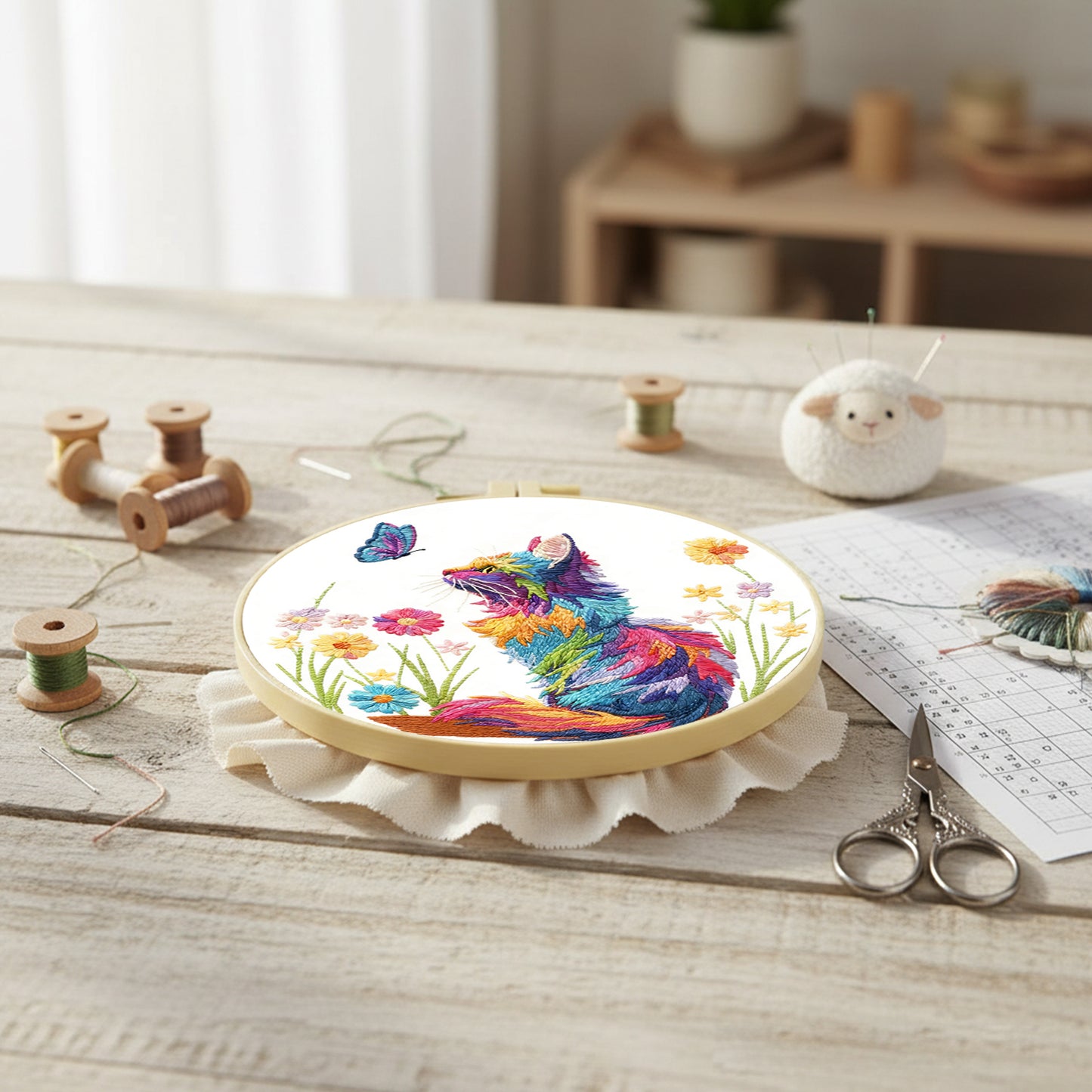 Cat - DIY Embroidery Cross Stitch Kit with Pattern Cotton Threads Needles Hoop 29x29CM/11.42x11.42in