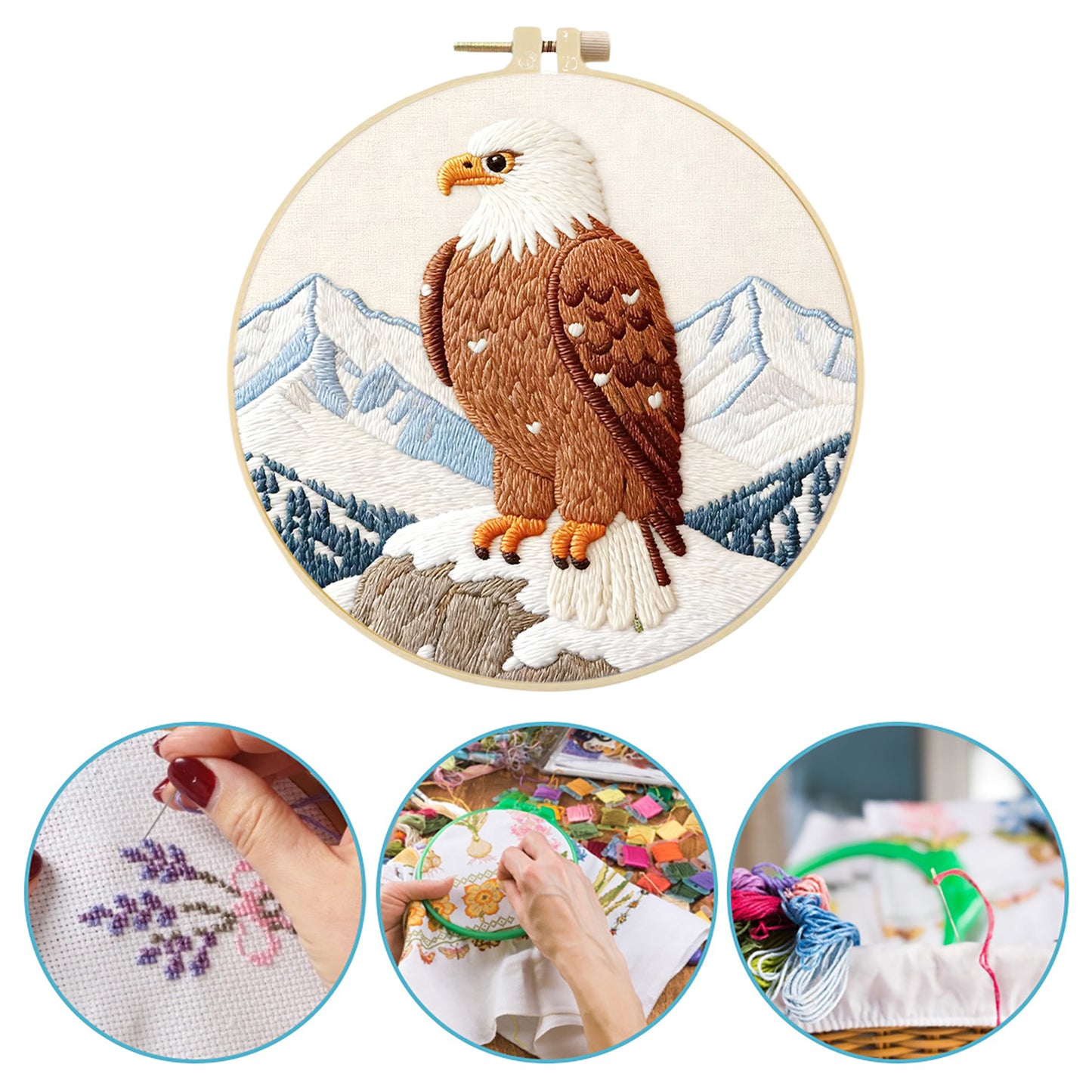 Eagle - DIY Embroidery Cross Stitch Kit with Pattern Cotton Threads Needles Hoop 29x29CM/11.42x11.42in