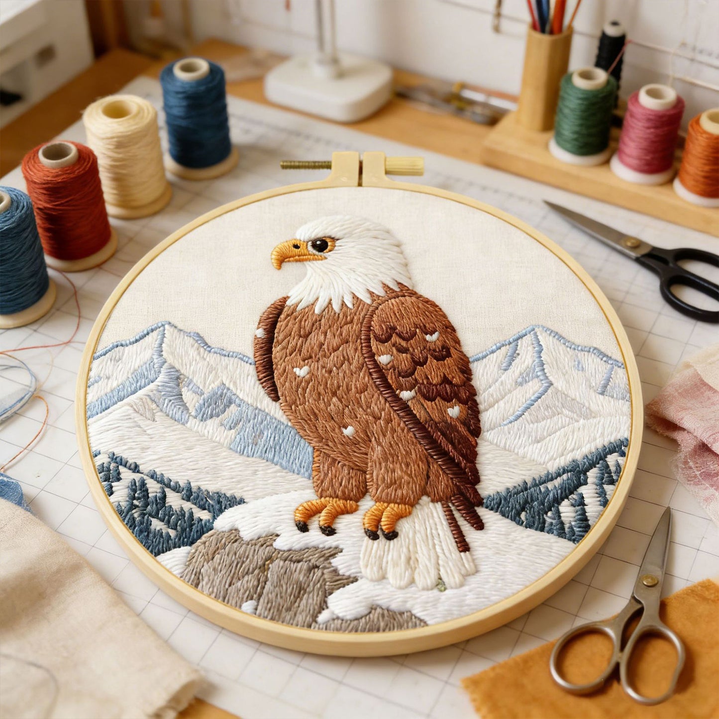 Eagle - DIY Embroidery Cross Stitch Kit with Pattern Cotton Threads Needles Hoop 29x29CM/11.42x11.42in
