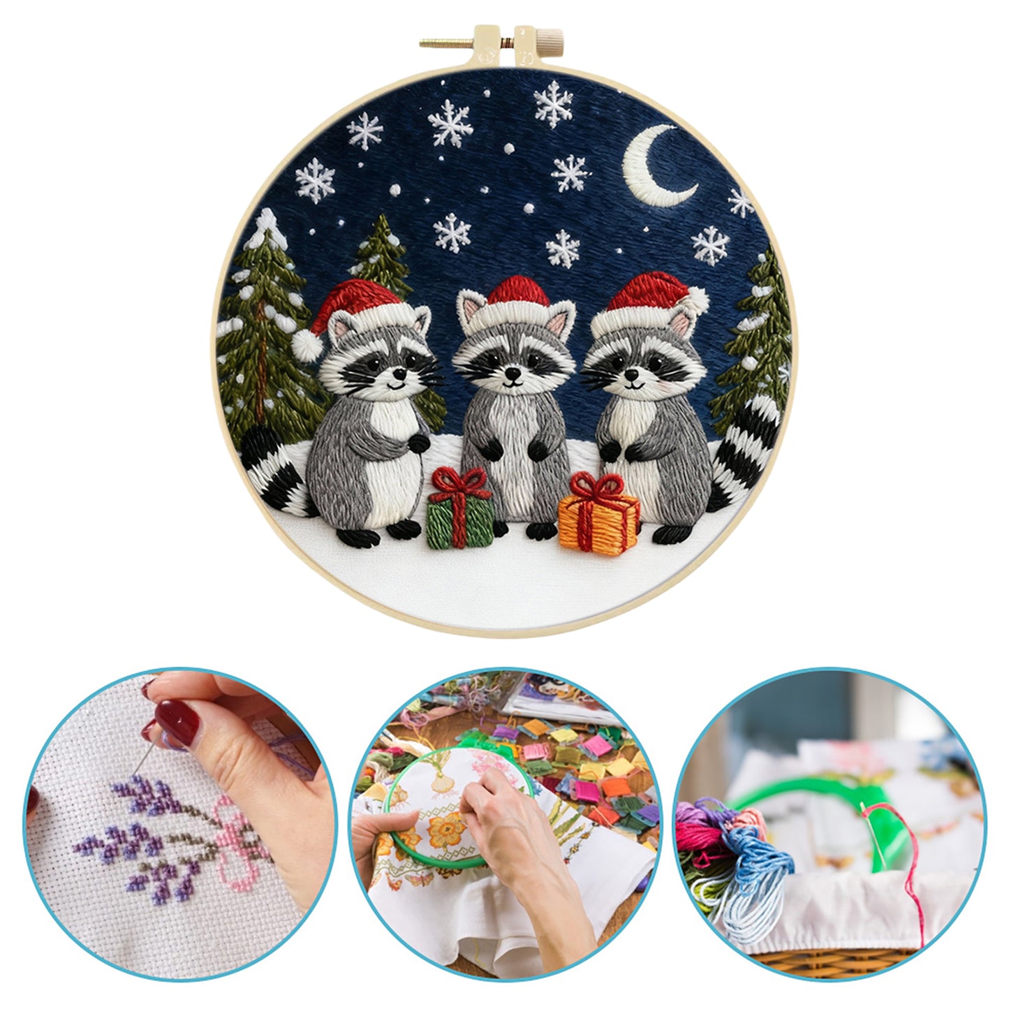 Raccoon - DIY Embroidery Cross Stitch Kit with Pattern Cotton Threads Needles Hoop 29x29CM/11.42x11.42in