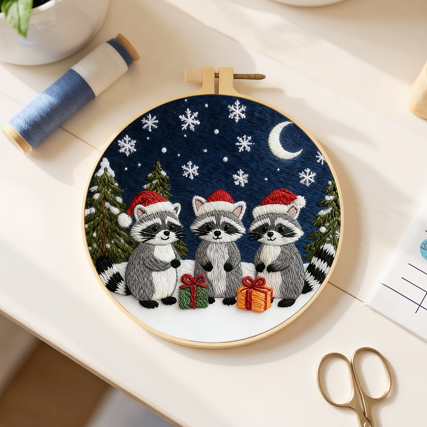 Raccoon - DIY Embroidery Cross Stitch Kit with Pattern Cotton Threads Needles Hoop 29x29CM/11.42x11.42in