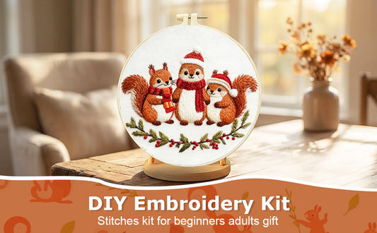 Squirrel - DIY Embroidery Cross Stitch Kit with Pattern Cotton Threads Needles Hoop 29x29CM/11.42x11.42in