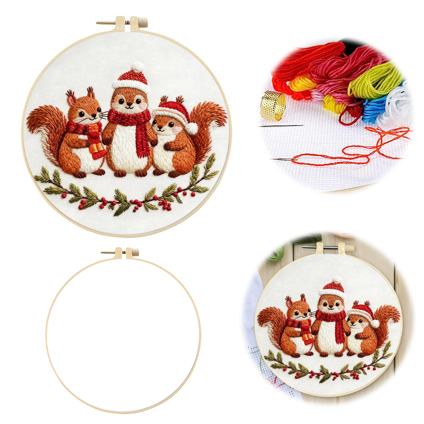 Squirrel - DIY Embroidery Cross Stitch Kit with Pattern Cotton Threads Needles Hoop 29x29CM/11.42x11.42in