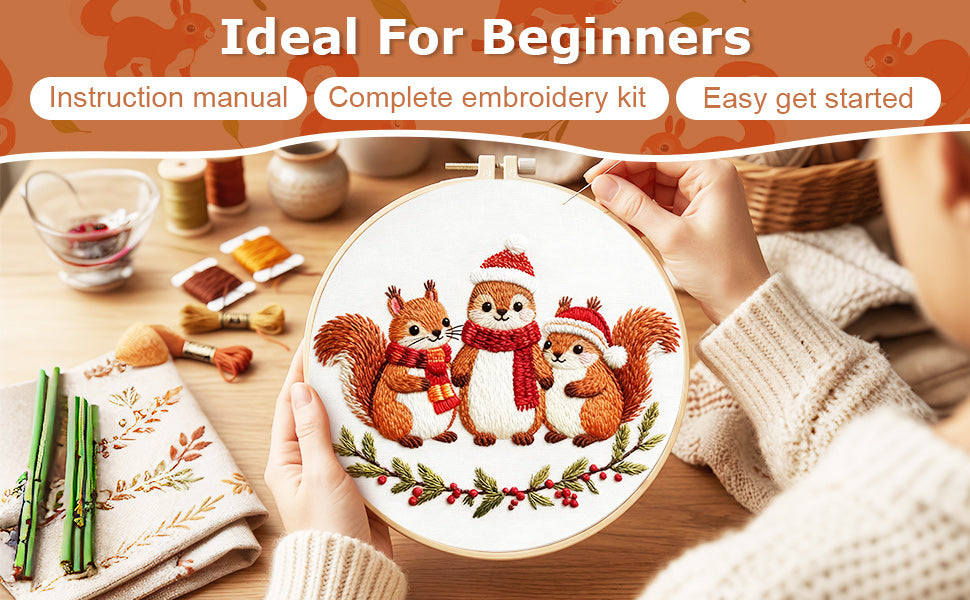 Squirrel - DIY Embroidery Cross Stitch Kit with Pattern Cotton Threads Needles Hoop 29x29CM/11.42x11.42in