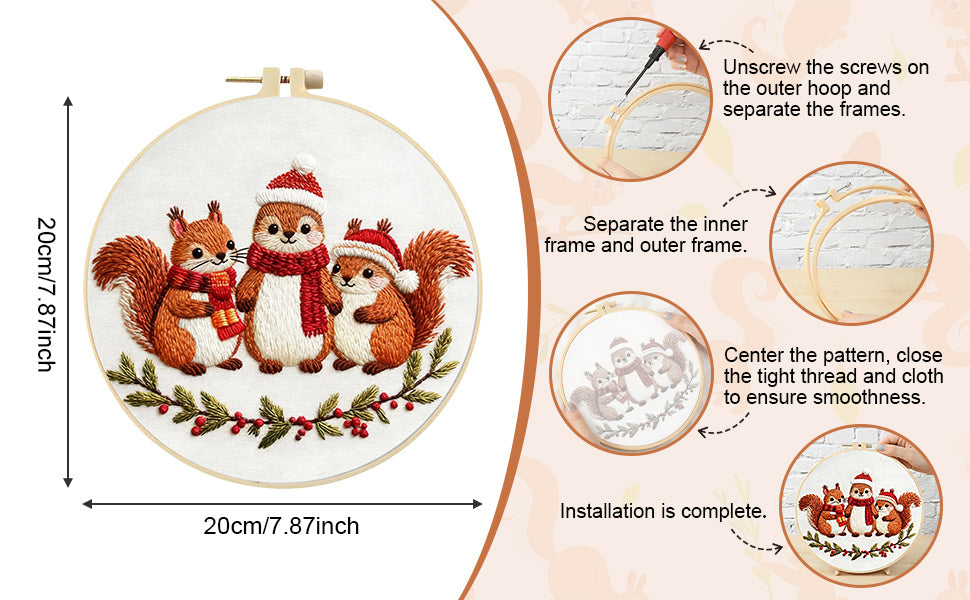 Squirrel - DIY Embroidery Cross Stitch Kit with Pattern Cotton Threads Needles Hoop 29x29CM/11.42x11.42in