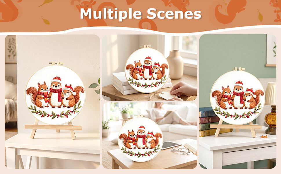 Squirrel - DIY Embroidery Cross Stitch Kit with Pattern Cotton Threads Needles Hoop 29x29CM/11.42x11.42in
