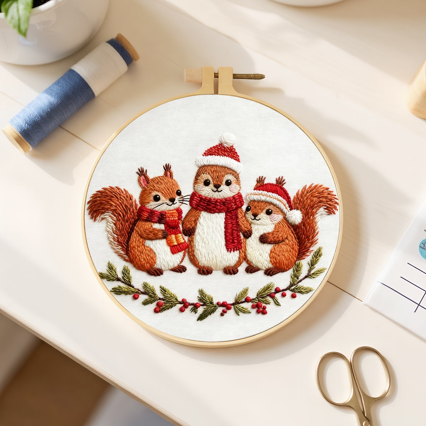 Squirrel - DIY Embroidery Cross Stitch Kit with Pattern Cotton Threads Needles Hoop 29x29CM/11.42x11.42in