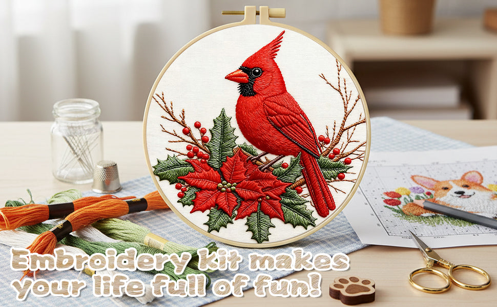 Cardinal - DIY Embroidery Cross Stitch Kit with Pattern Cotton Threads Needles Hoop 29x29CM/11.42x11.42in