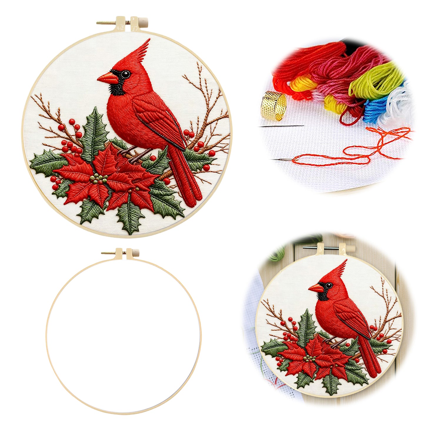 Cardinal - DIY Embroidery Cross Stitch Kit with Pattern Cotton Threads Needles Hoop 29x29CM/11.42x11.42in