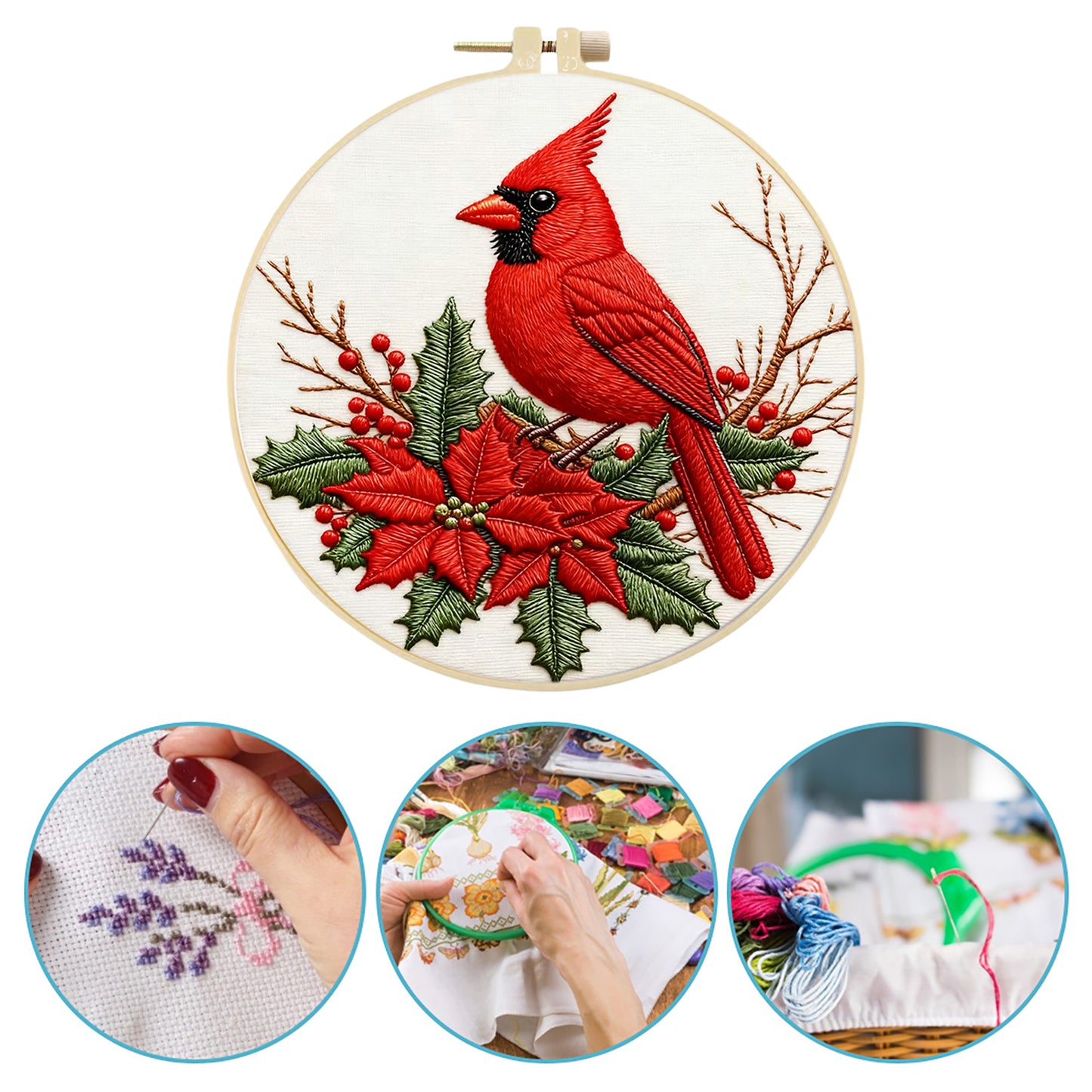 Cardinal - DIY Embroidery Cross Stitch Kit with Pattern Cotton Threads Needles Hoop 29x29CM/11.42x11.42in