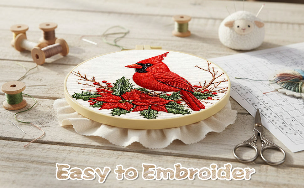 Cardinal - DIY Embroidery Cross Stitch Kit with Pattern Cotton Threads Needles Hoop 29x29CM/11.42x11.42in