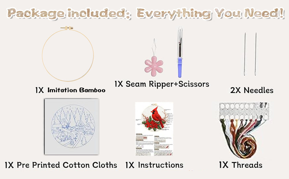 Cardinal - DIY Embroidery Cross Stitch Kit with Pattern Cotton Threads Needles Hoop 29x29CM/11.42x11.42in