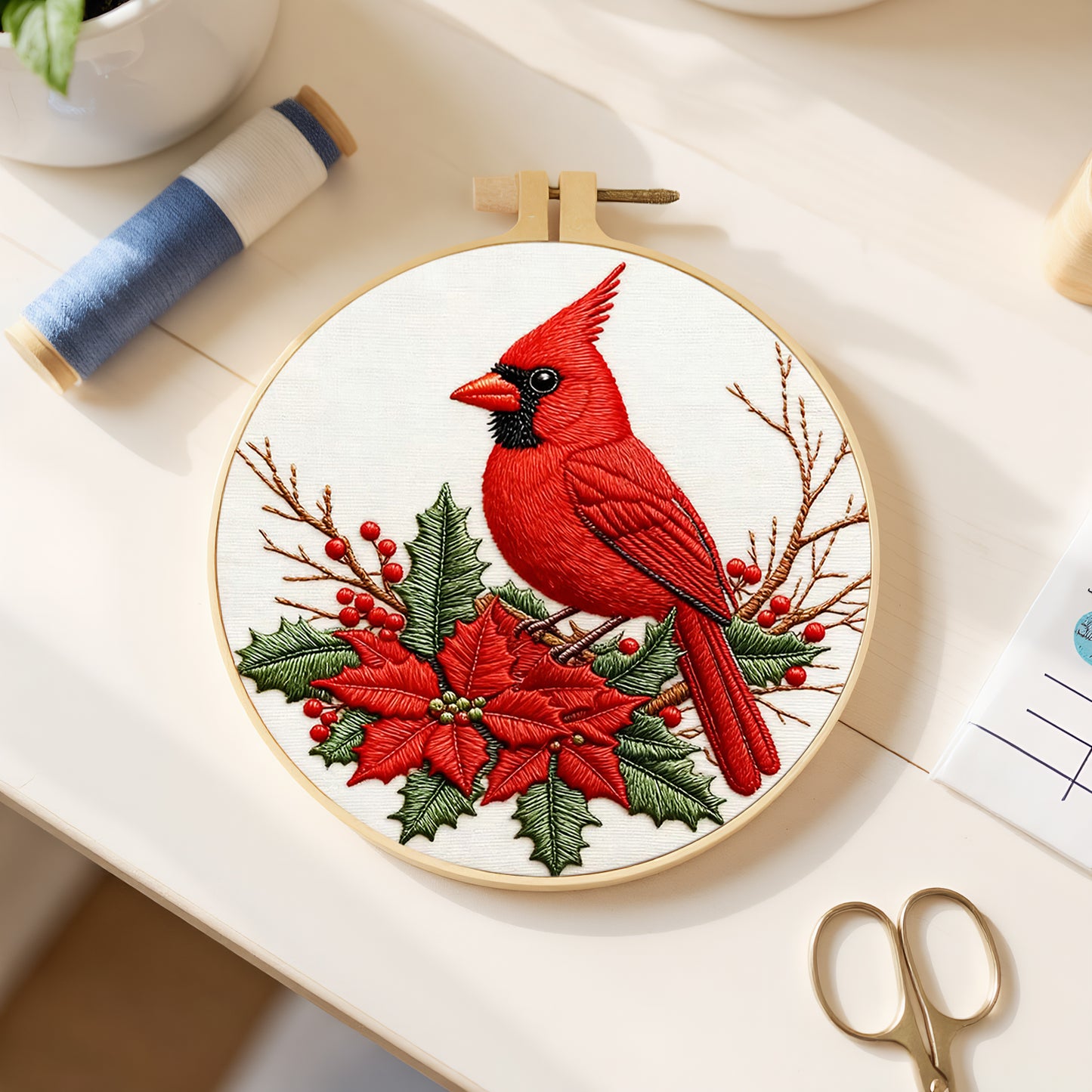 Cardinal - DIY Embroidery Cross Stitch Kit with Pattern Cotton Threads Needles Hoop 29x29CM/11.42x11.42in
