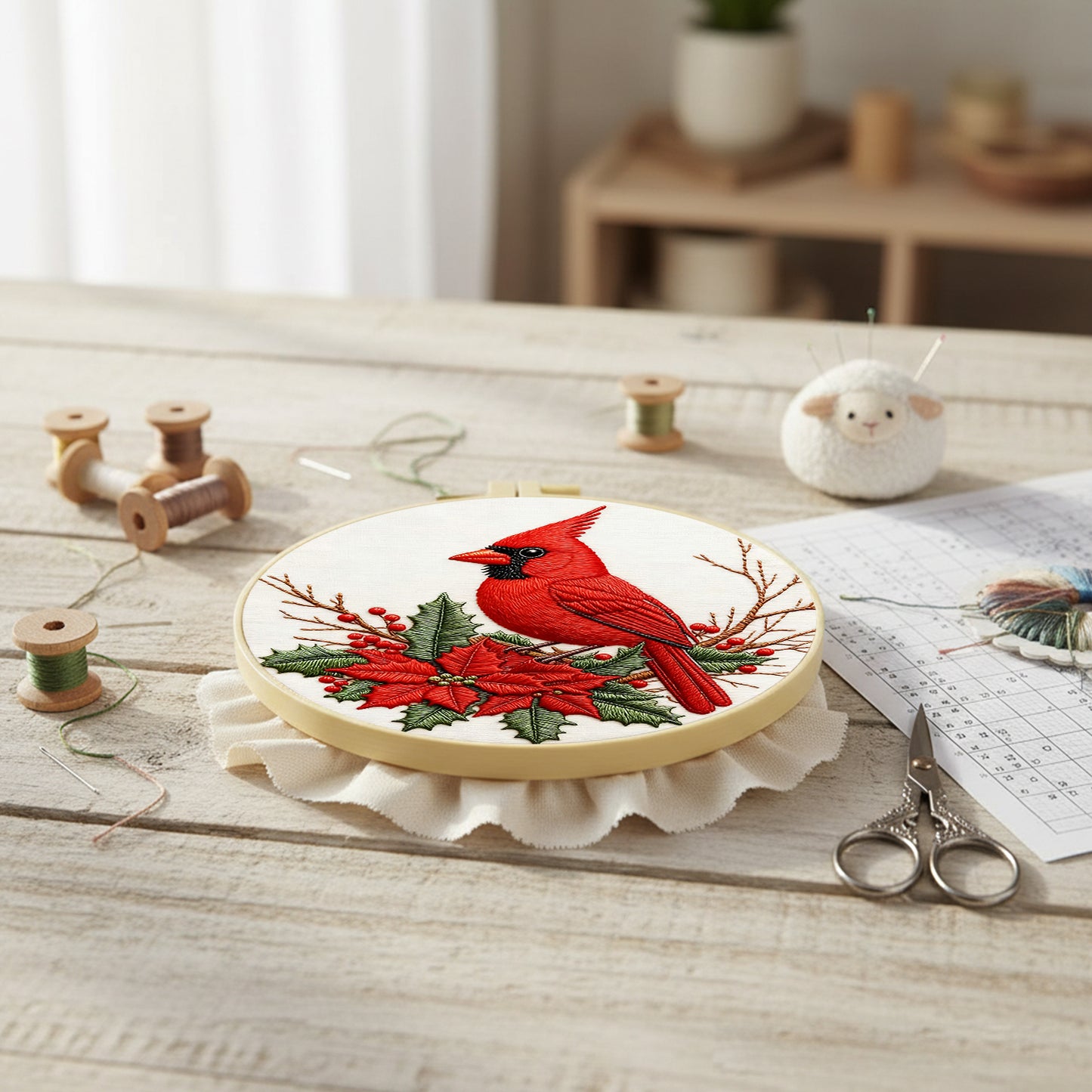 Cardinal - DIY Embroidery Cross Stitch Kit with Pattern Cotton Threads Needles Hoop 29x29CM/11.42x11.42in
