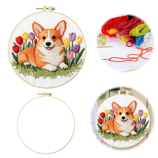 Corgi - DIY Embroidery Cross Stitch Kit with Pattern Cotton Threads Needles Hoop 29x29CM/11.42x11.42in