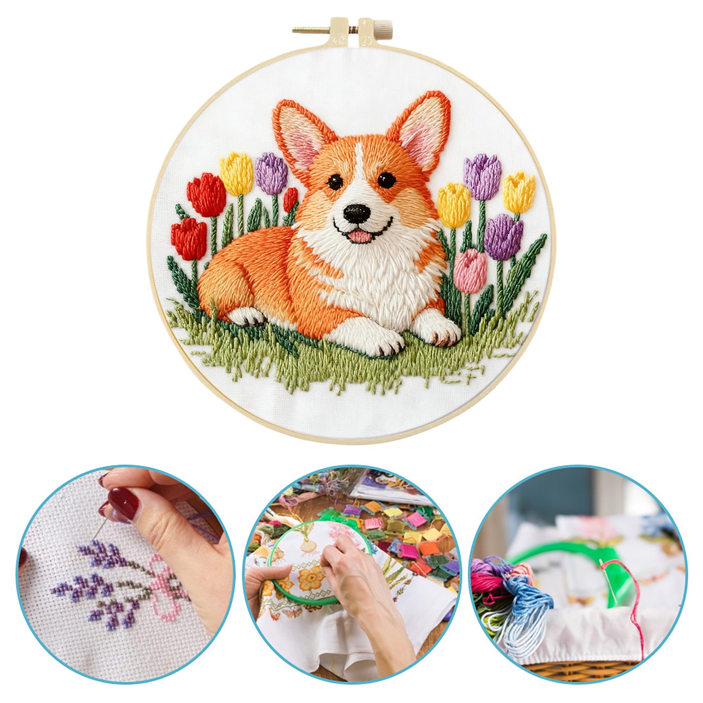 Corgi - DIY Embroidery Cross Stitch Kit with Pattern Cotton Threads Needles Hoop 29x29CM/11.42x11.42in