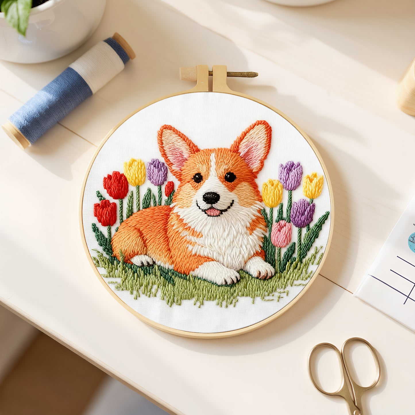 Corgi - DIY Embroidery Cross Stitch Kit with Pattern Cotton Threads Needles Hoop 29x29CM/11.42x11.42in