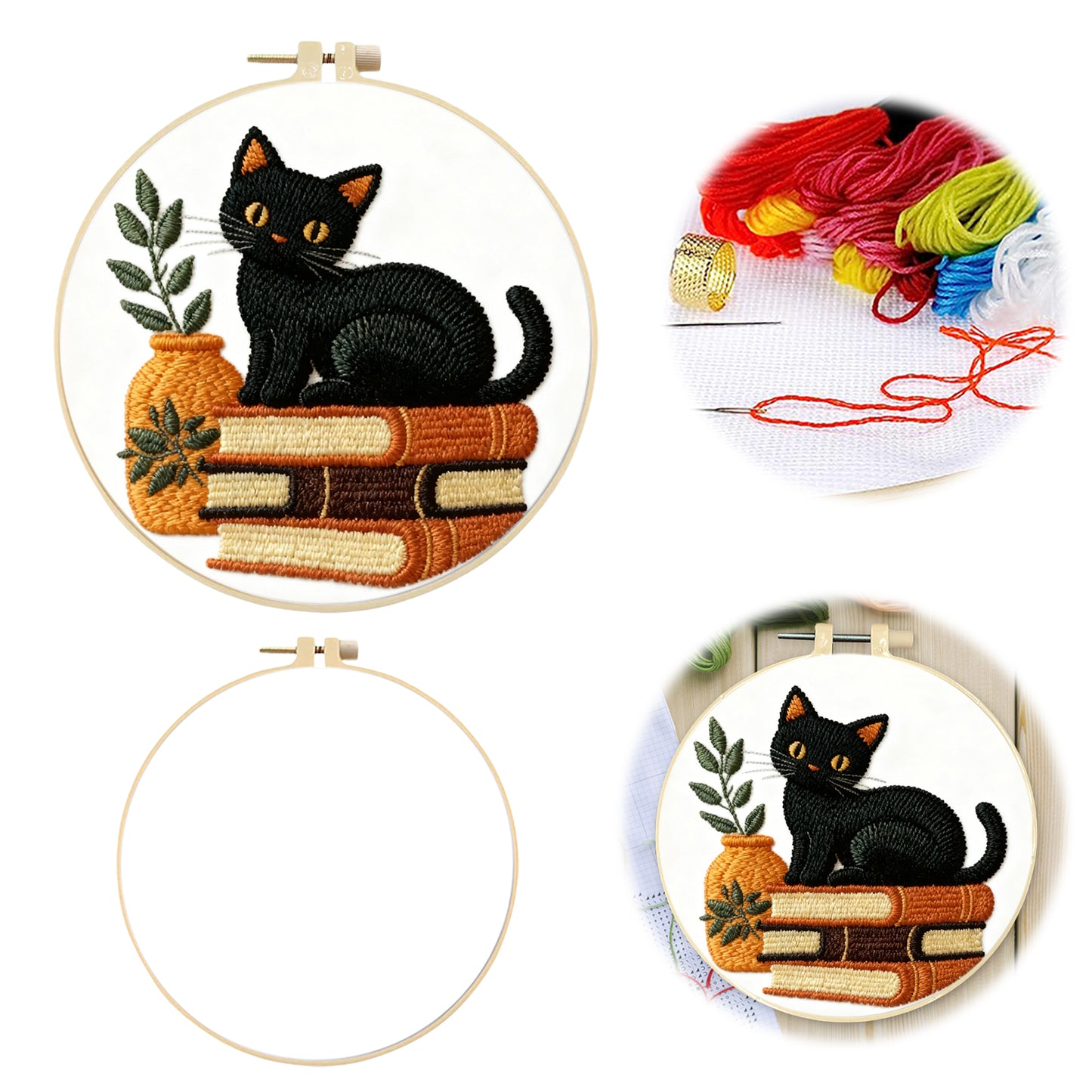 Black Cat - DIY Embroidery Cross Stitch Kit with Pattern Cotton Threads Needles Hoop 29x29CM/11.42x11.42in