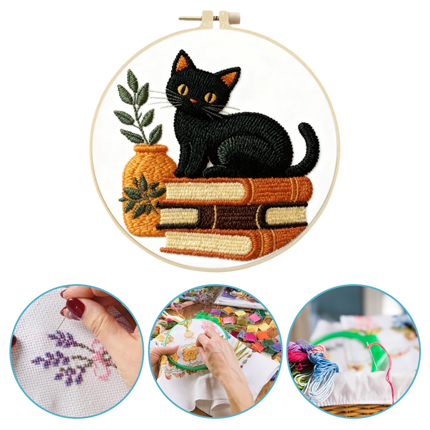 Black Cat - DIY Embroidery Cross Stitch Kit with Pattern Cotton Threads Needles Hoop 29x29CM/11.42x11.42in