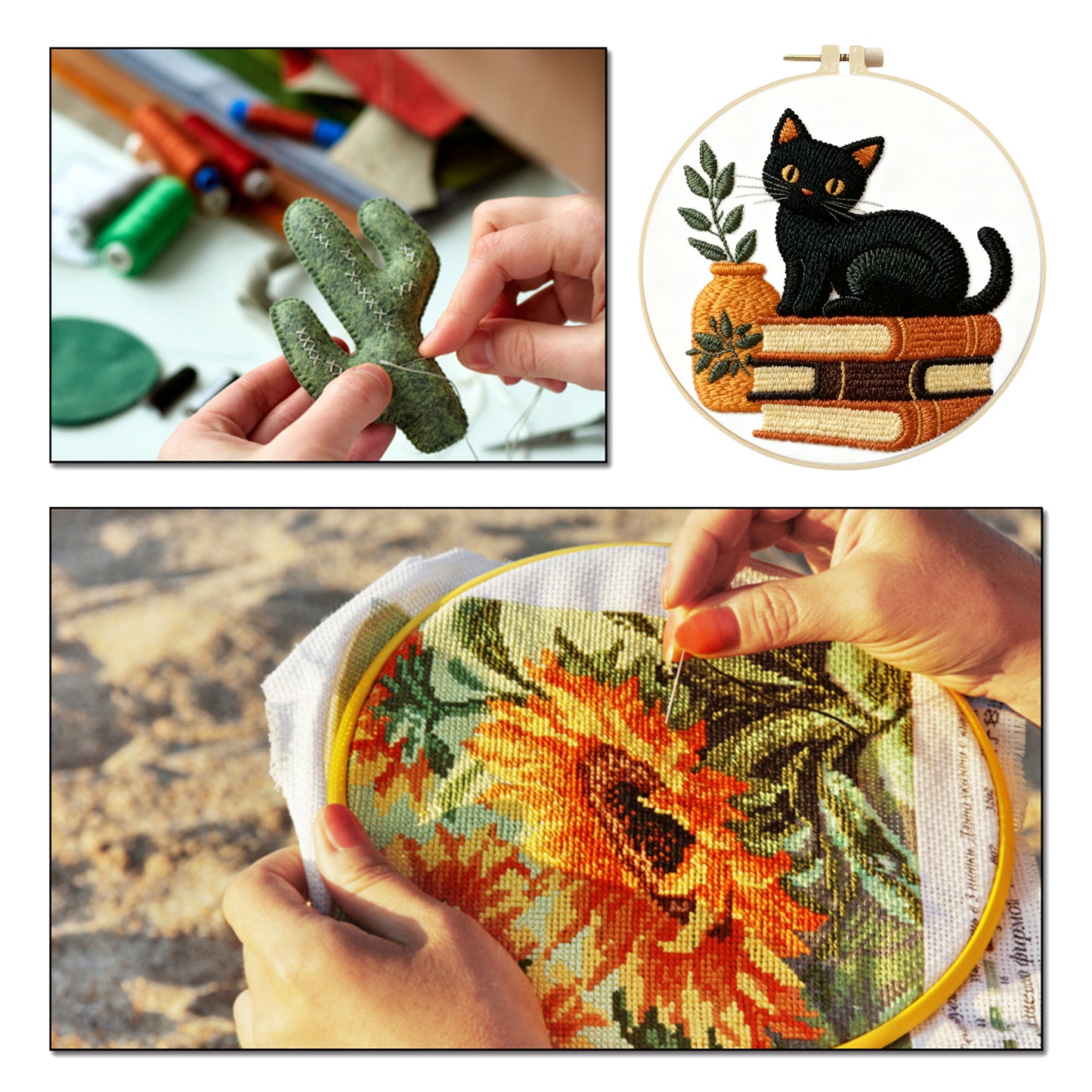 Black Cat - DIY Embroidery Cross Stitch Kit with Pattern Cotton Threads Needles Hoop 29x29CM/11.42x11.42in