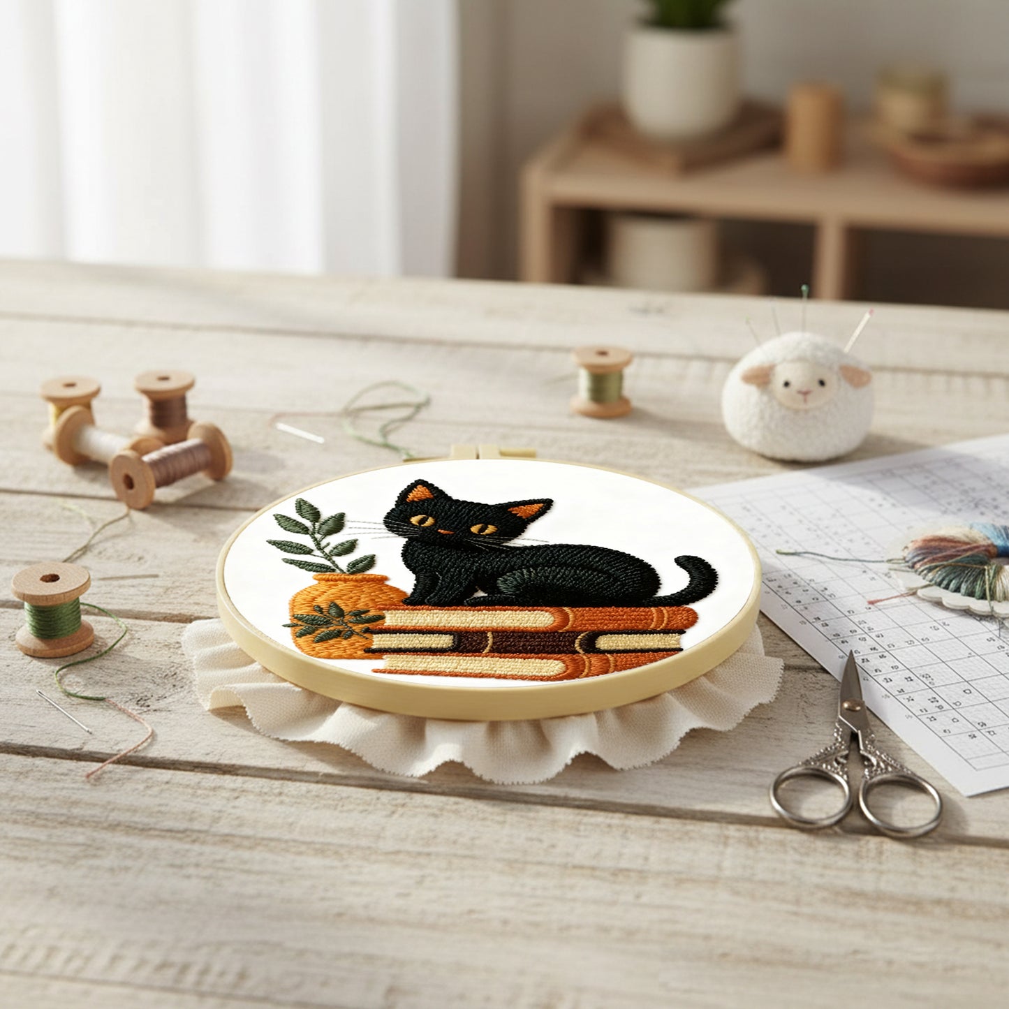 Black Cat - DIY Embroidery Cross Stitch Kit with Pattern Cotton Threads Needles Hoop 29x29CM/11.42x11.42in