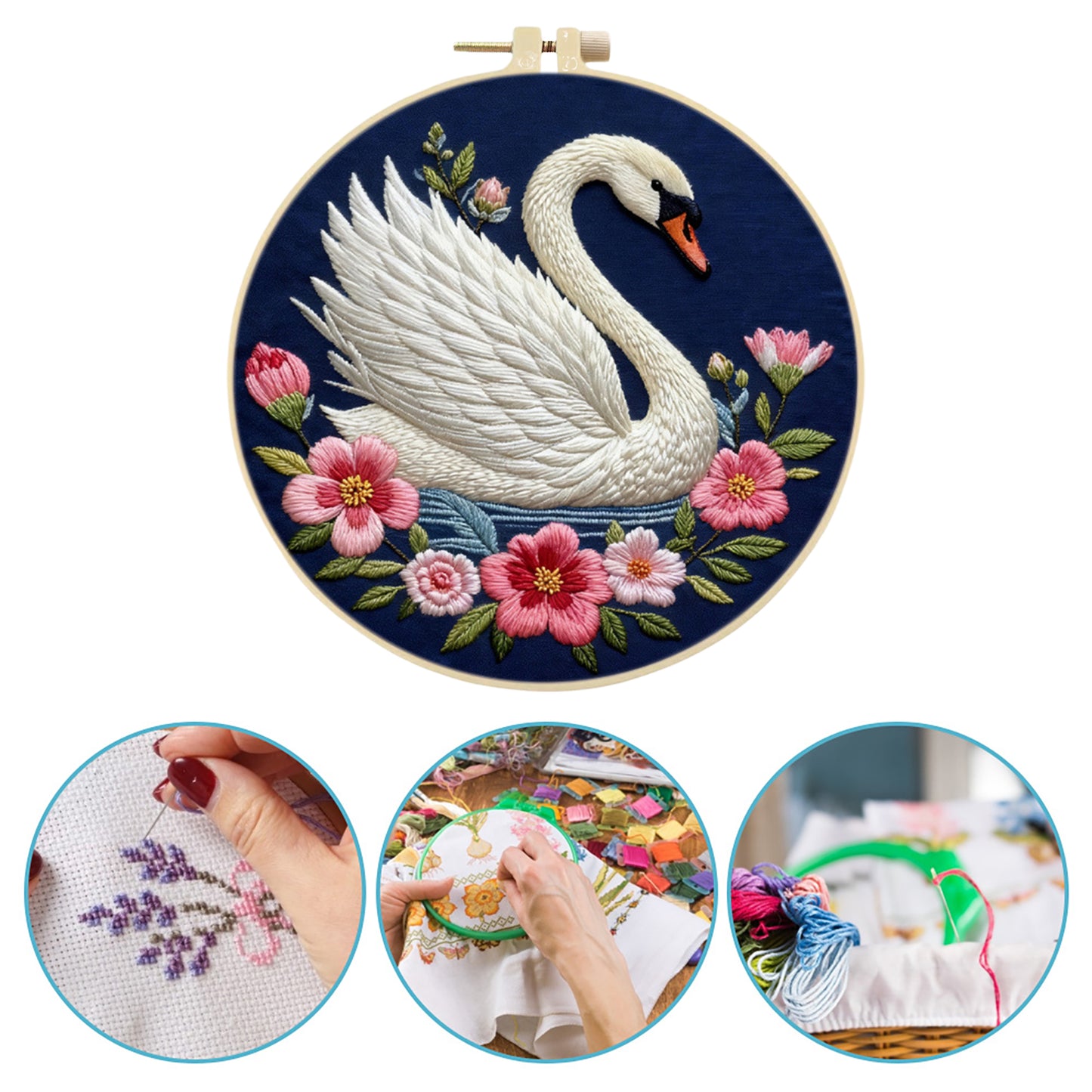 Swan - DIY Embroidery Cross Stitch Kit with Pattern Cotton Threads Needles Hoop 29x29CM/11.42x11.42in