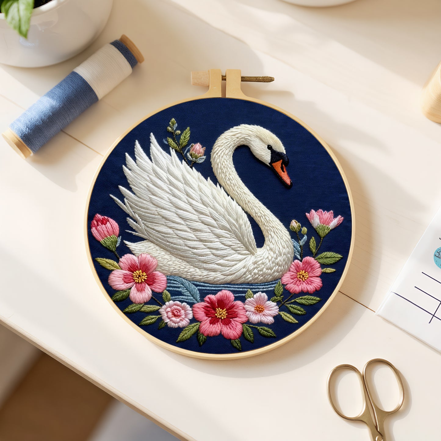 Swan - DIY Embroidery Cross Stitch Kit with Pattern Cotton Threads Needles Hoop 29x29CM/11.42x11.42in