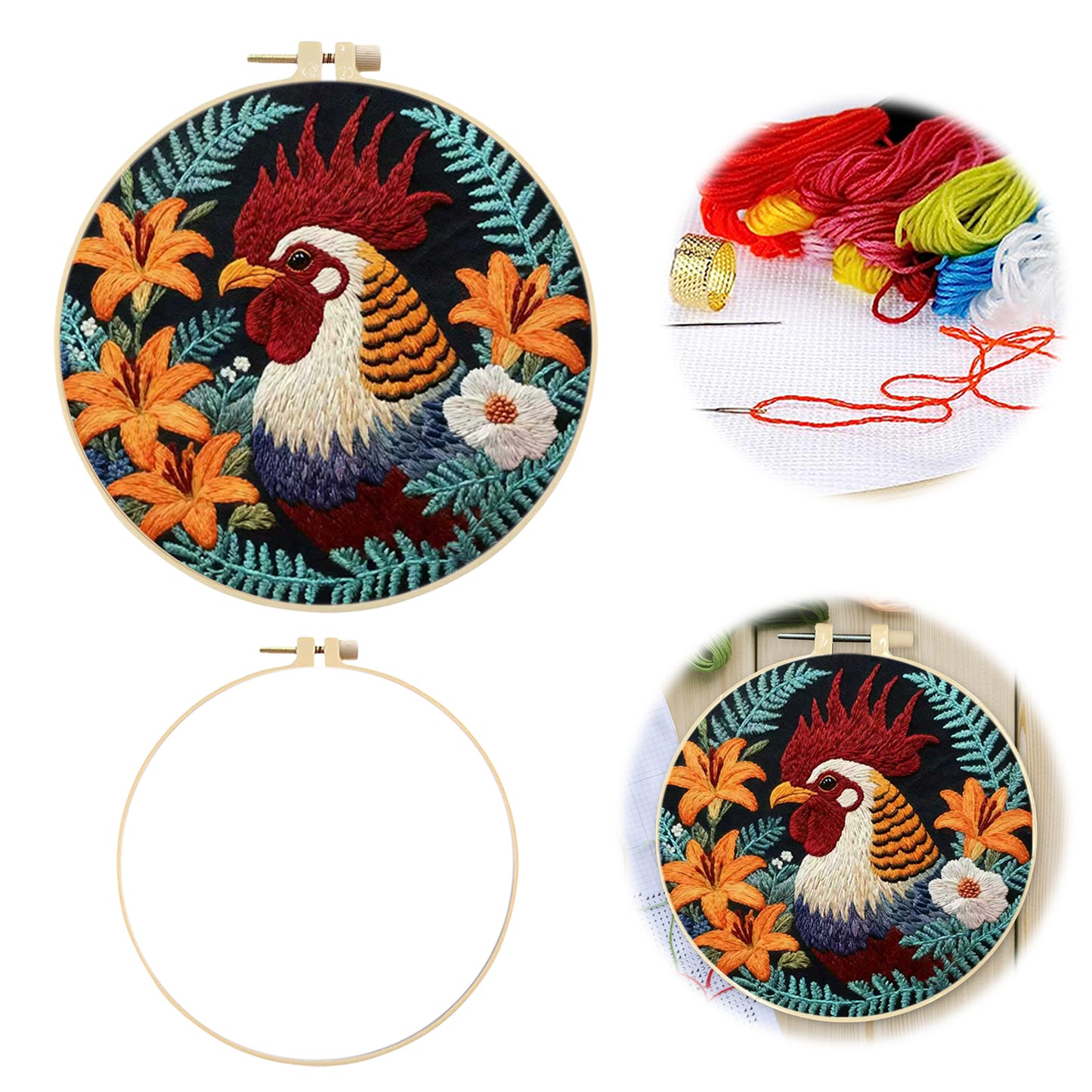 Rooster - DIY Embroidery Cross Stitch Kit with Pattern Cotton Threads Needles Hoop 29x29CM/11.42x11.42in