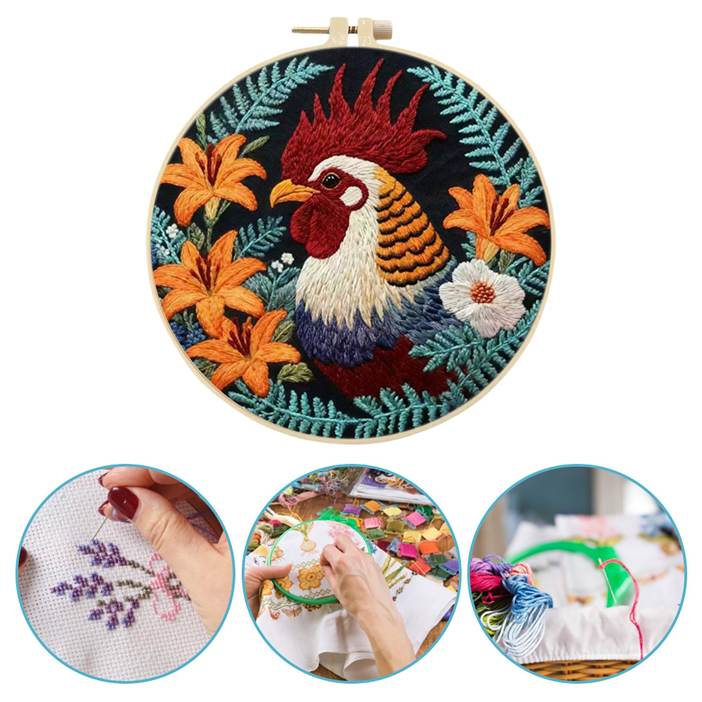 Rooster - DIY Embroidery Cross Stitch Kit with Pattern Cotton Threads Needles Hoop 29x29CM/11.42x11.42in