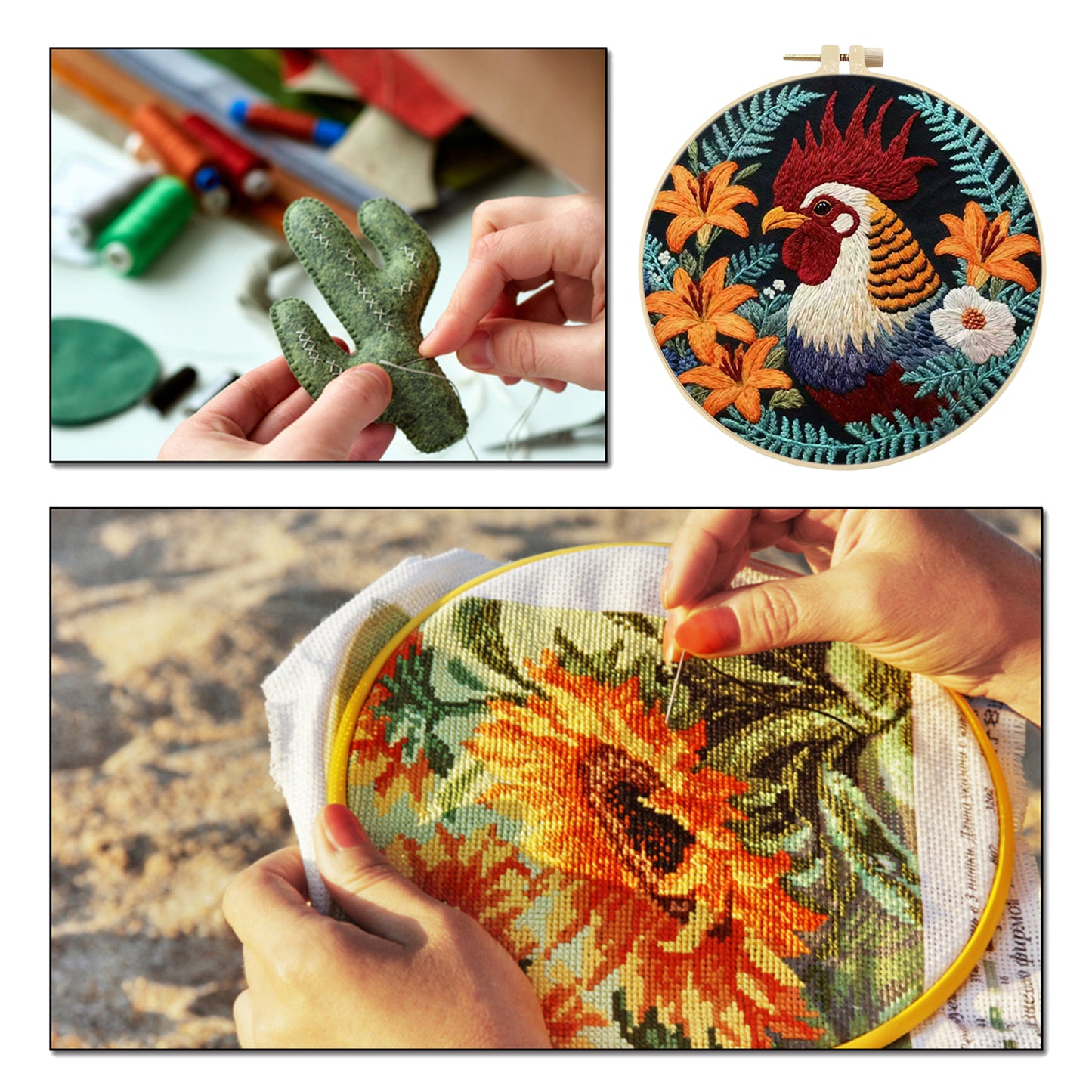 Rooster - DIY Embroidery Cross Stitch Kit with Pattern Cotton Threads Needles Hoop 29x29CM/11.42x11.42in