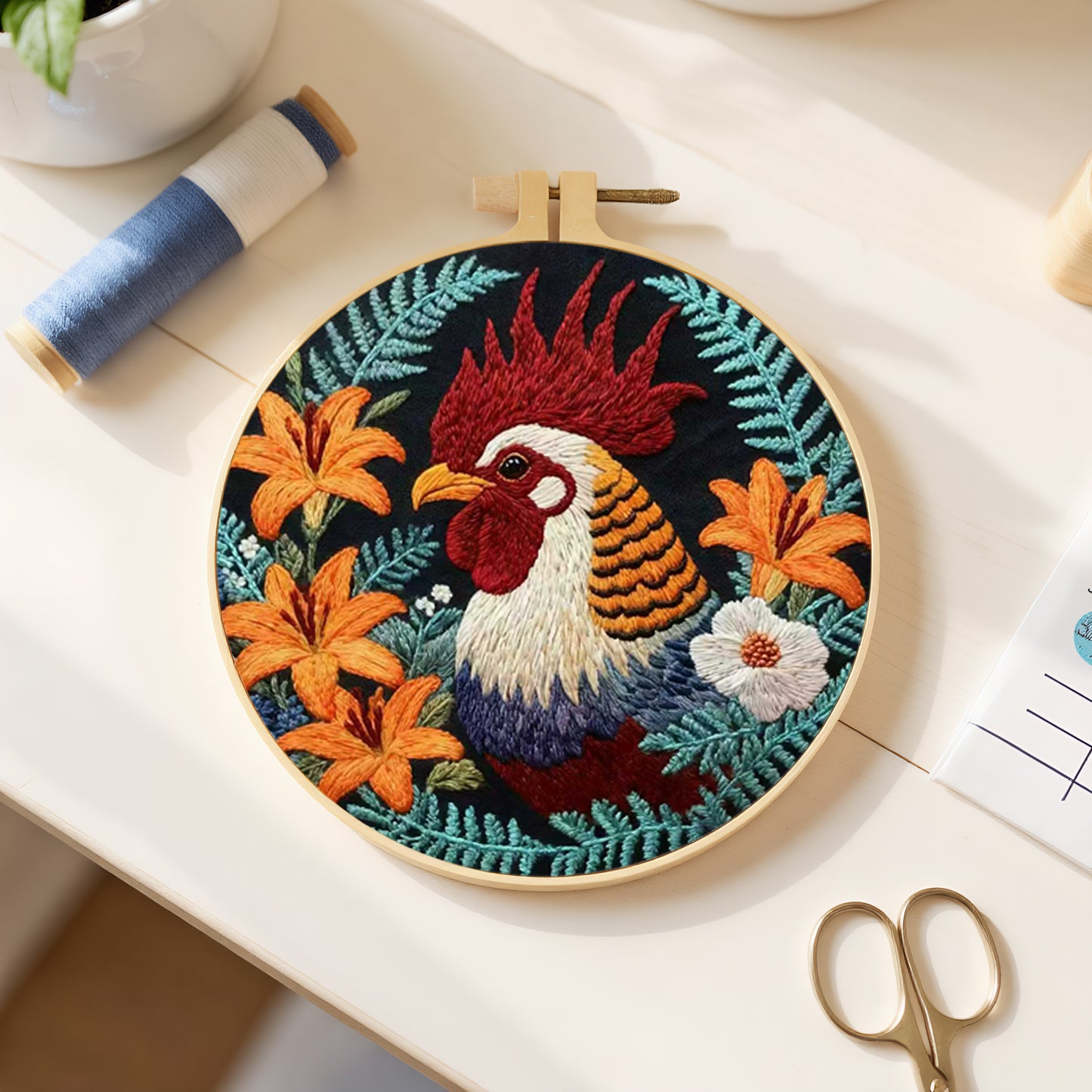 Rooster - DIY Embroidery Cross Stitch Kit with Pattern Cotton Threads Needles Hoop 29x29CM/11.42x11.42in
