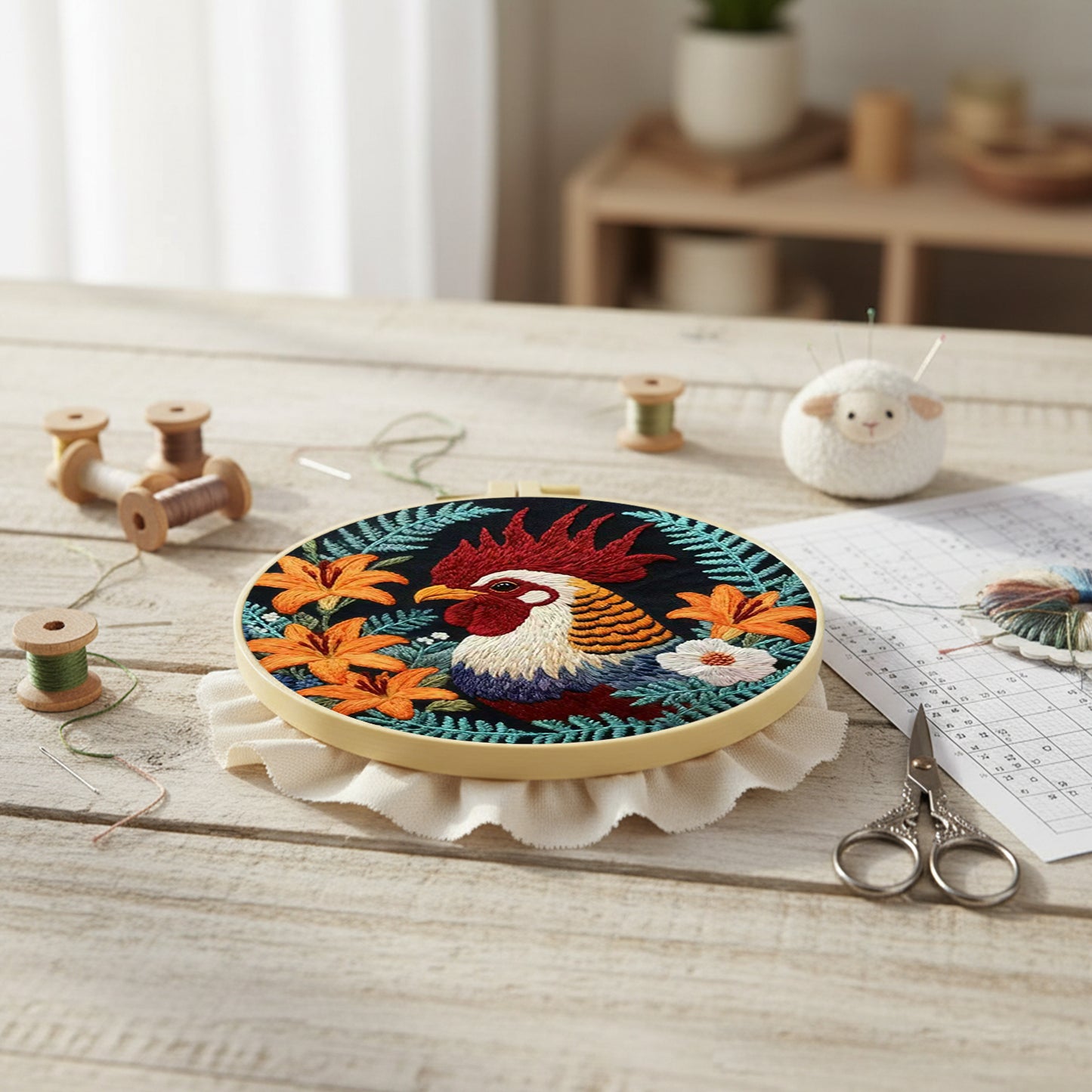 Rooster - DIY Embroidery Cross Stitch Kit with Pattern Cotton Threads Needles Hoop 29x29CM/11.42x11.42in