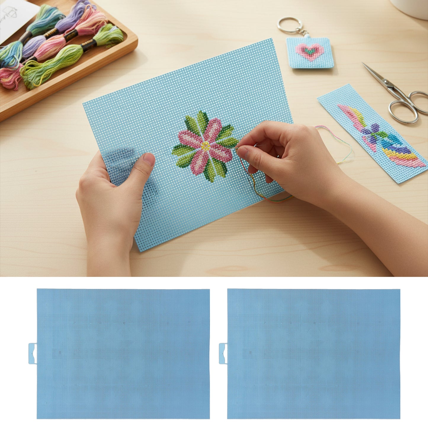 5PCS DIY 14CT Plastic Mesh Canvas Sheets 28x21CM for Crafts Crochet Knit (Blue)