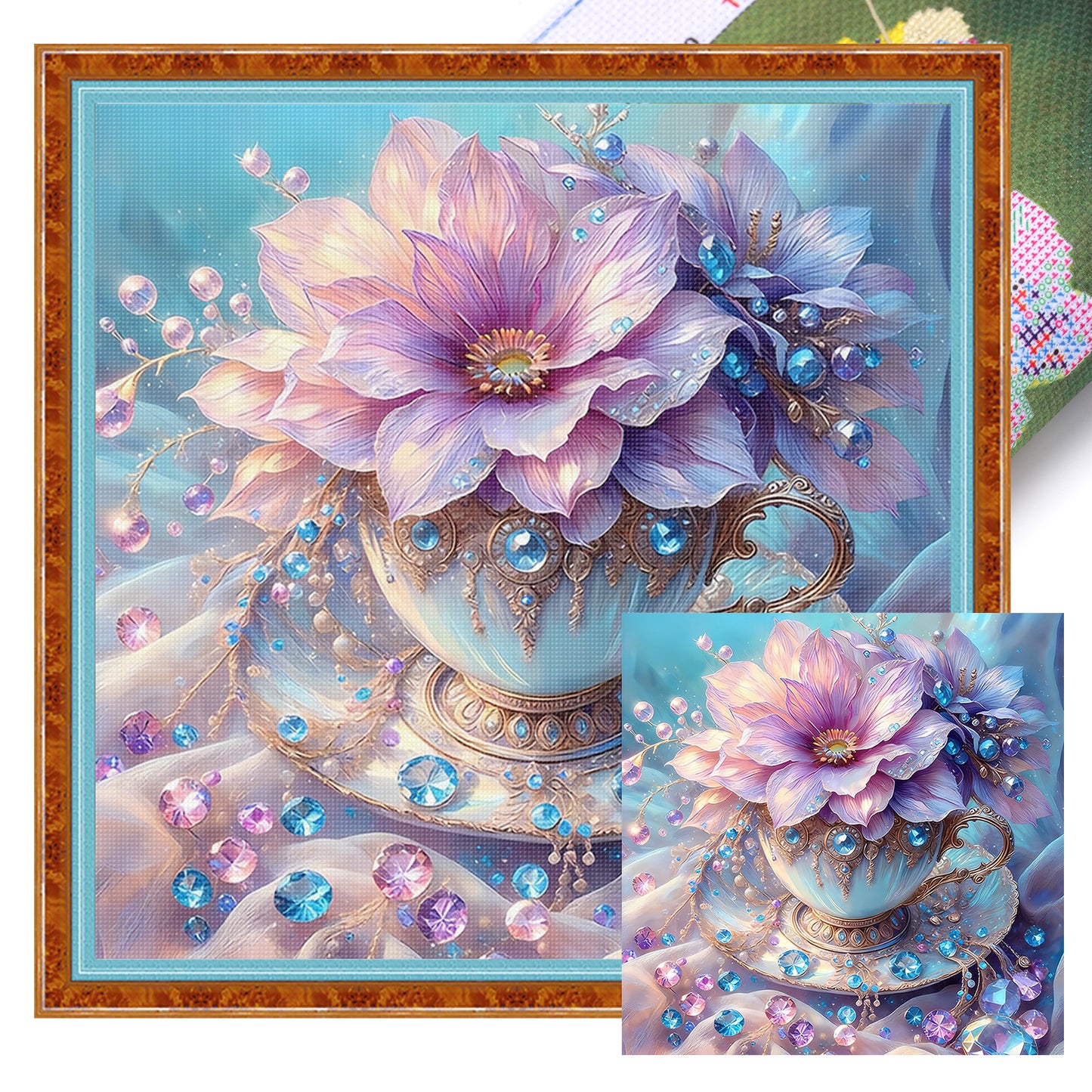 Diamond & Flower Teacup - Full 11CT Stamped Cross Stitch 40x40CM - Huacan