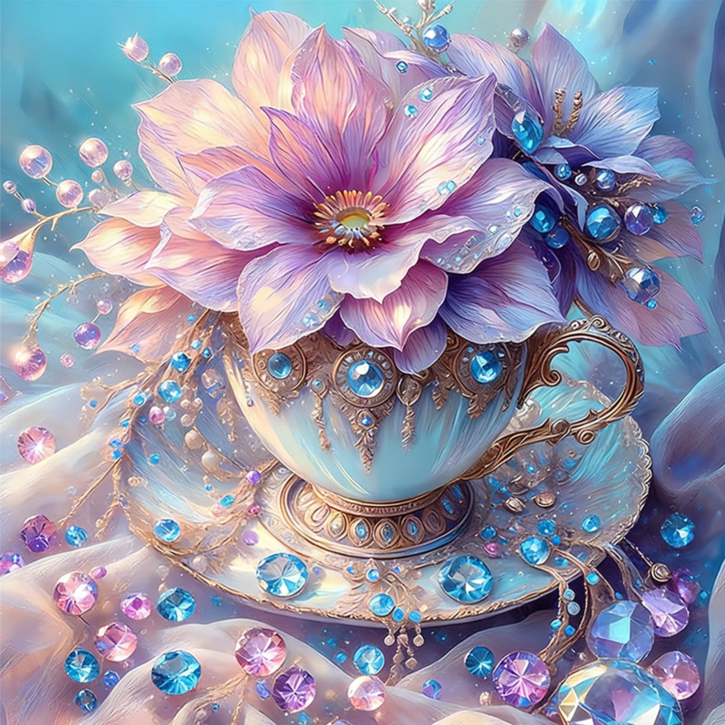 Diamond & Flower Teacup - Full 11CT Stamped Cross Stitch 40x40CM - Huacan